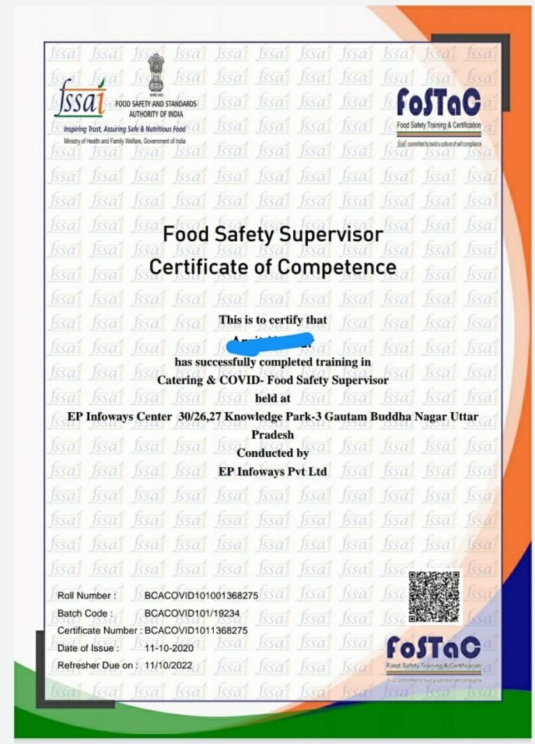 Basic and Advance Catering Level 1 FOSTAC/FSSAI Certificate