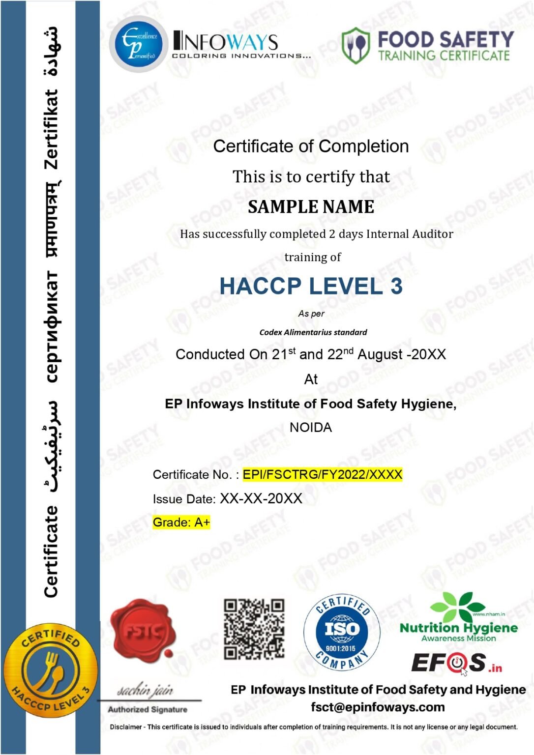 All Training Certificate Sample Editable – Internal Auditor – HACCP ...